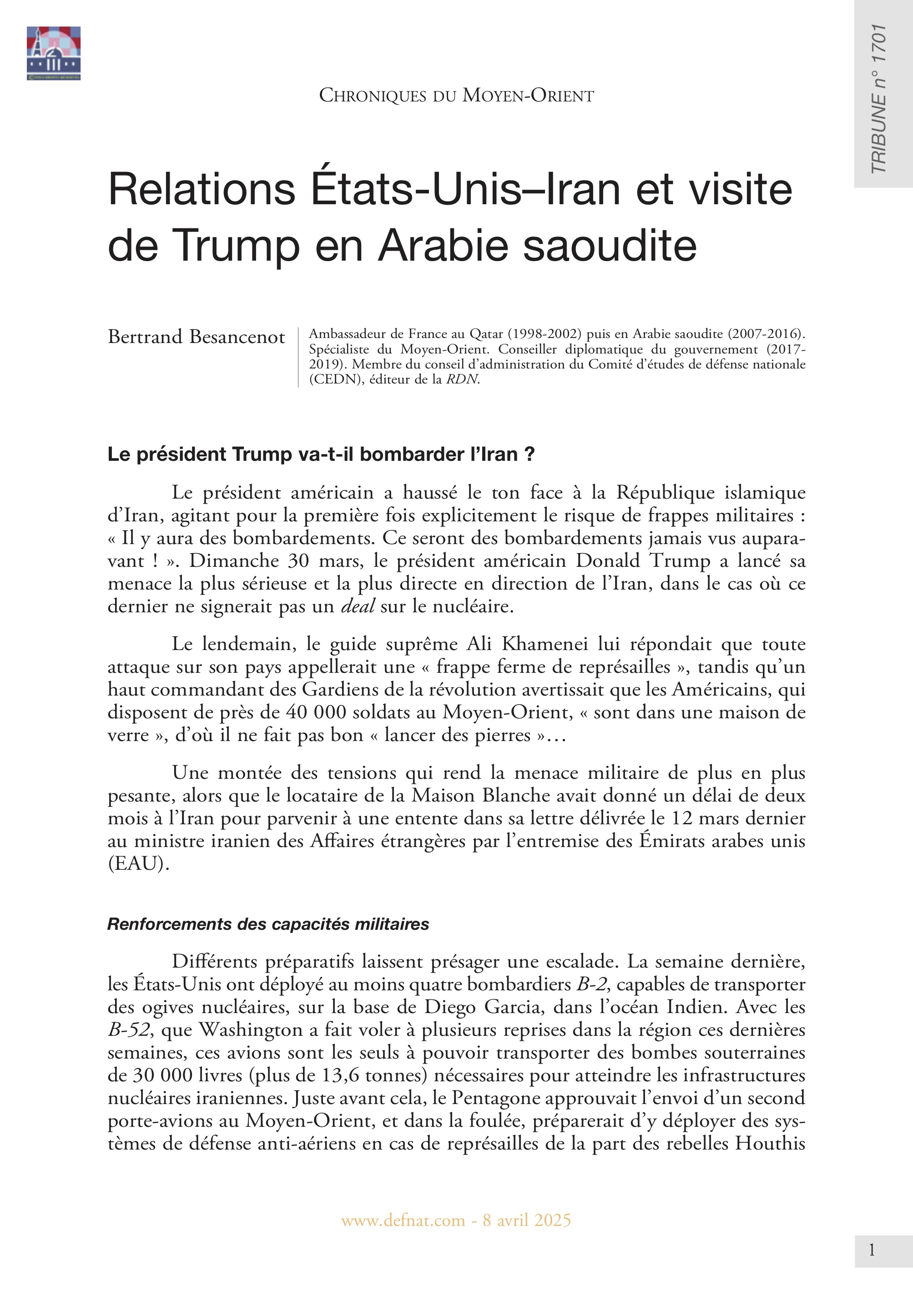Chroniques du Moyen-Orient – Relations États-Unis–Iran et visite de Trump en Arabie saoudite (T 1701)
